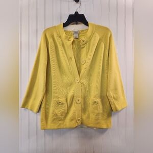 L.L Bean Women's Lemon Yellow Cotton Knit Cardigan Sweater 3/4 Sleeve Size XL